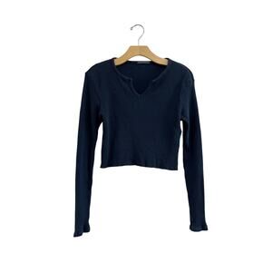 Brandy Melville Navy Ribbed Crop Sweater Raw Hem V Neck Cotton Top OS